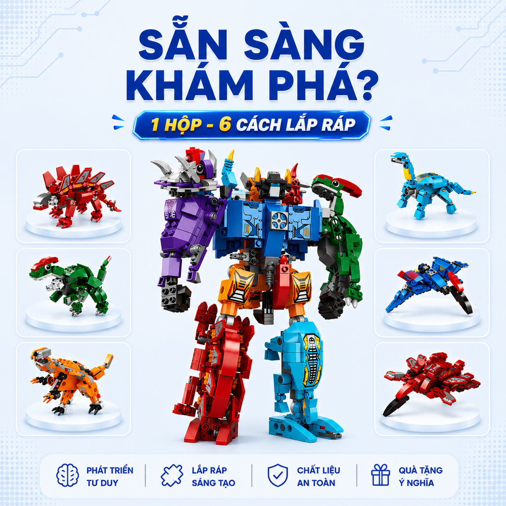 Đồ chơi xếp hình, lắp ráp 6 in 1 Qman 1414 - Siêu Robot khủng long Sura (456 mảnh ghép)