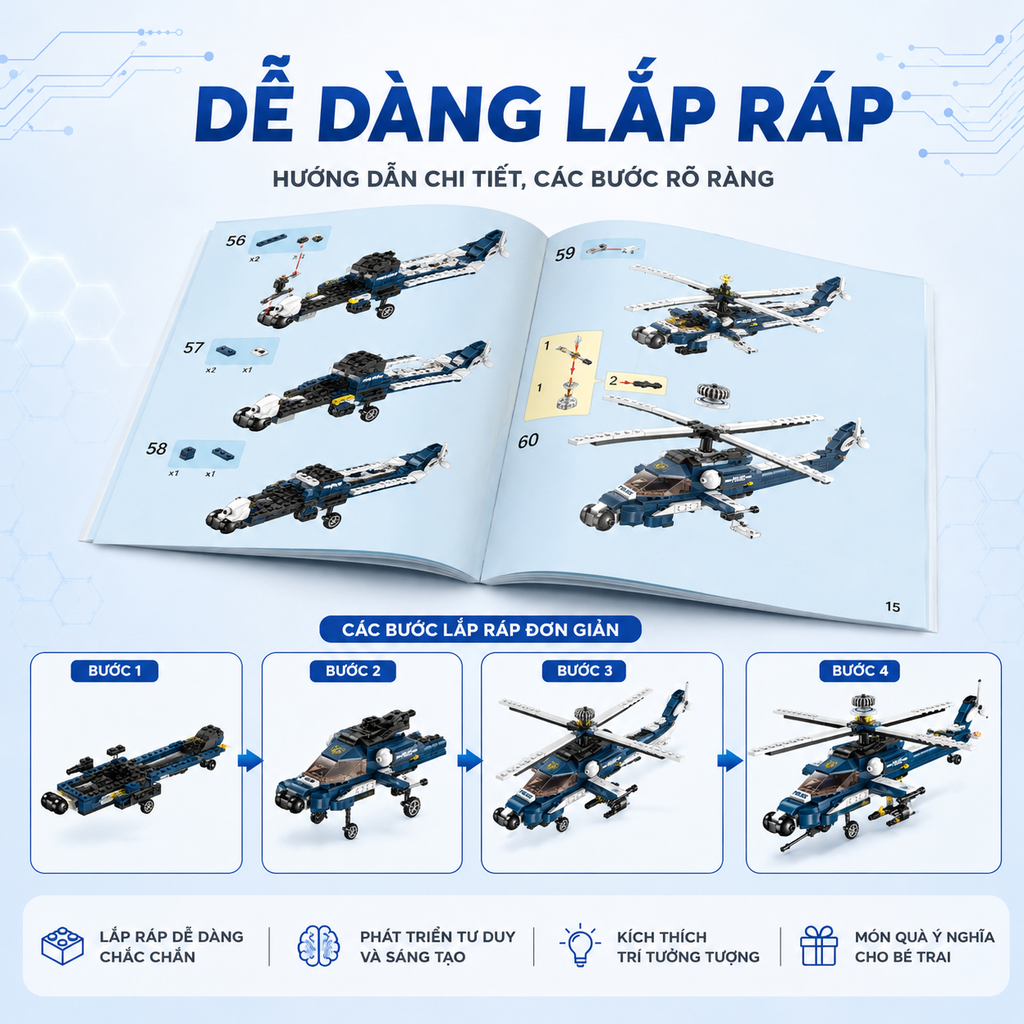 Đồ chơi lắp ráp xếp hình Qman 1801 - Trực thăng chiến đấu (381 mảnh ghép)