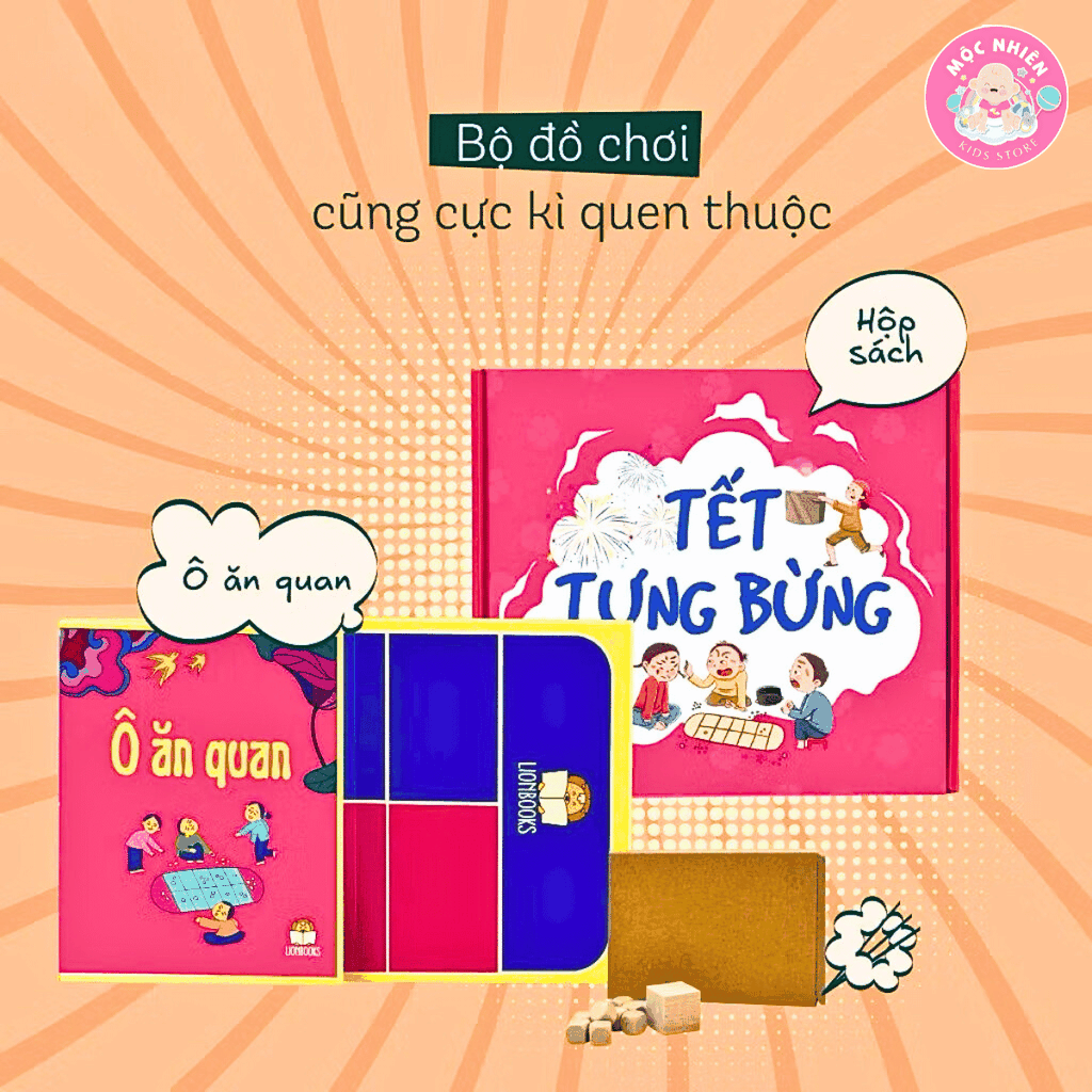 Hộp quà Tết tưng bừng cho bé độ tuổi 5+ gồm sách và set đồ chơi dân gian Ô ăn quan
