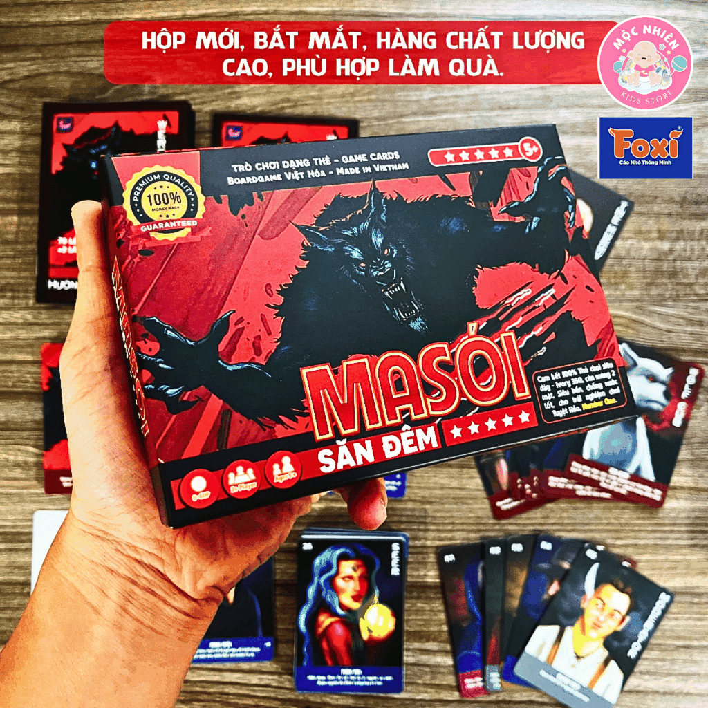 Board game Bài Ma Sói Săn Đêm Việt hóa Foxi - Werewoft-80 lá-78 lá tặng 2 thẻ mở rộng - Thẻ in siêu dày