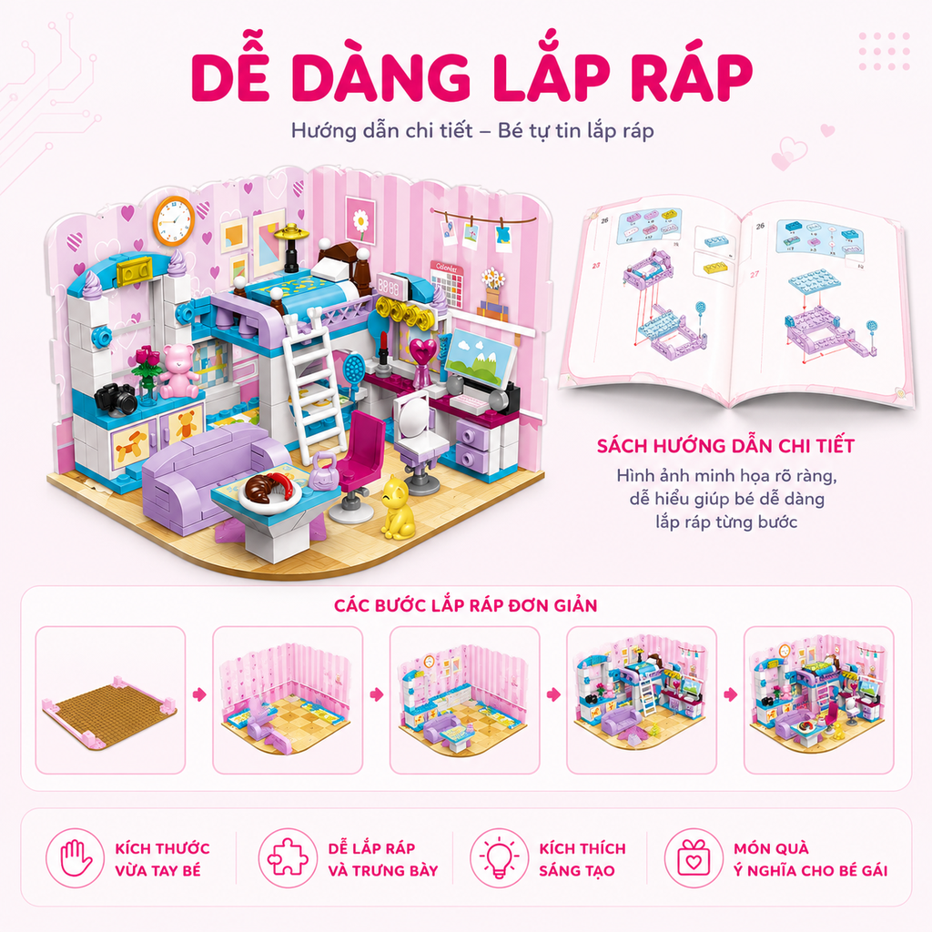 Đồ chơi lắp ráp Qman 4801 - Phòng của bé gái (194 mảnh ghép) - Dành cho bé từ 6 tuổi