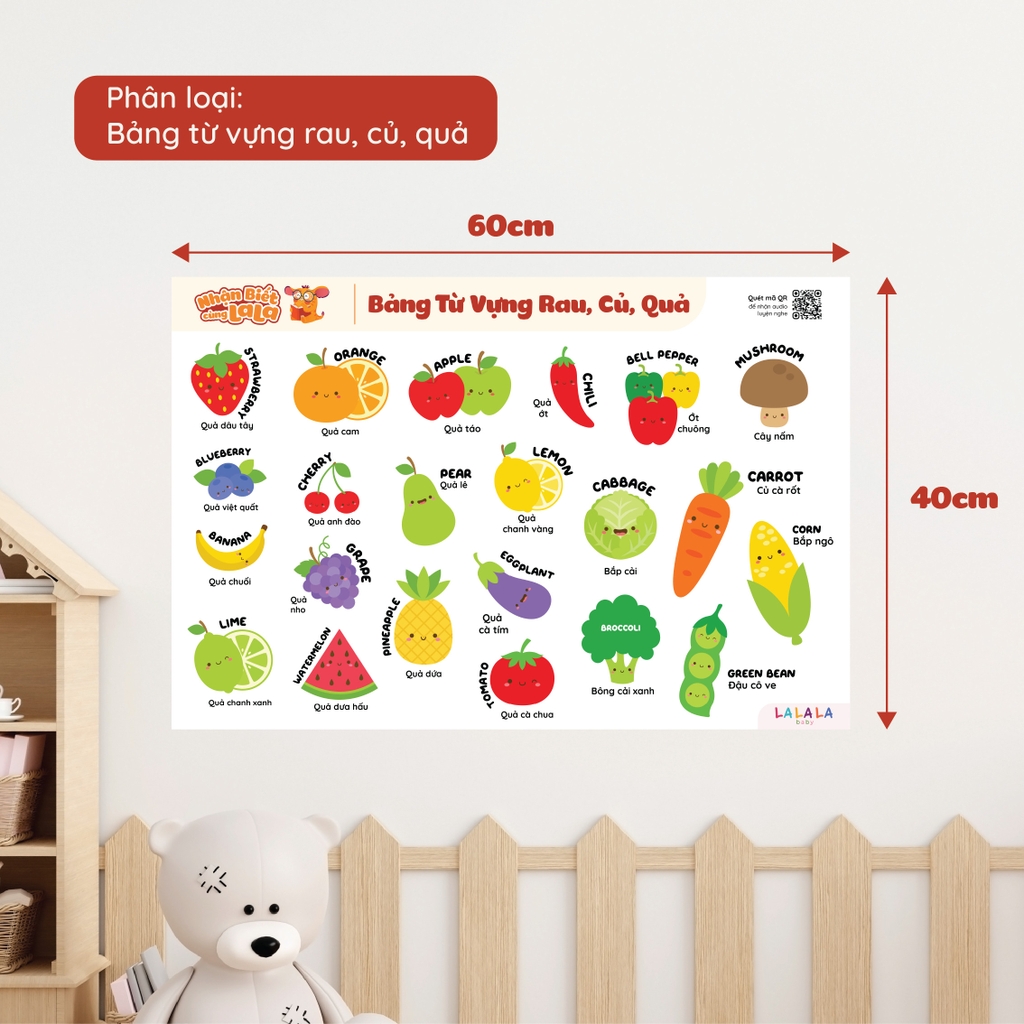 Đồ Chơi Giáo Dục - Poster Dán Tường (Không Keo Dính) Song Ngữ Anh Việt - Bảng Chữ Cái - Chữ Số - Cửu Chương - Động Vật - Lalala baby