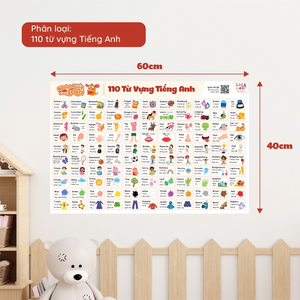Đồ Chơi Giáo Dục - Poster Dán Tường (Không Keo Dính) Song Ngữ Anh Việt - Bảng Chữ Cái - Chữ Số - Cửu Chương - Động Vật - Lalala baby