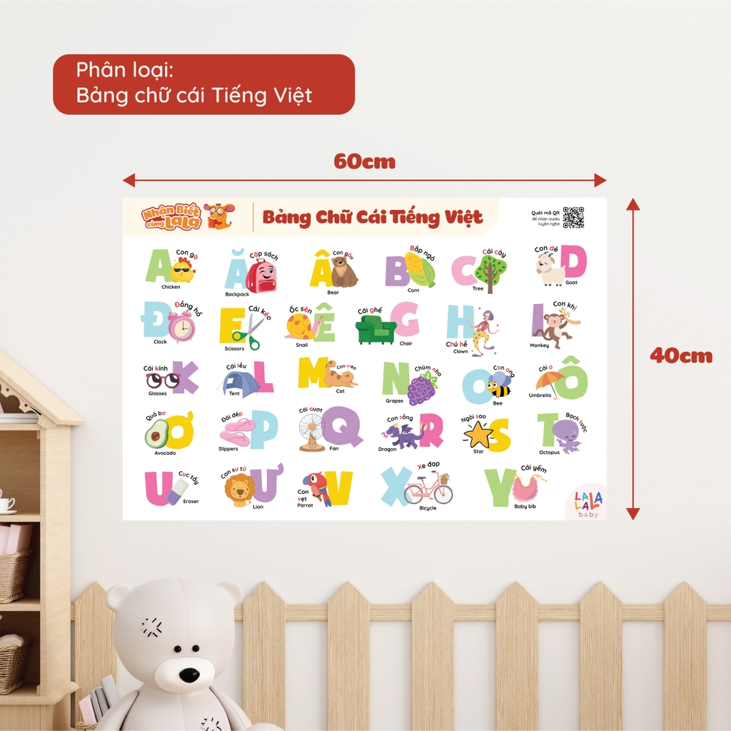 Đồ Chơi Giáo Dục - Poster Dán Tường (Không Keo Dính) Song Ngữ Anh Việt - Bảng Chữ Cái - Chữ Số - Cửu Chương - Động Vật - Lalala baby
