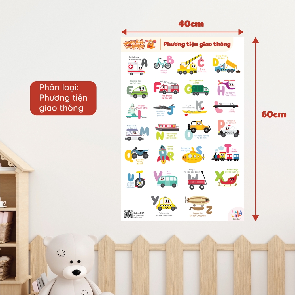 Đồ Chơi Giáo Dục - Poster Dán Tường (Không Keo Dính) Song Ngữ Anh Việt - Bảng Chữ Cái - Chữ Số - Cửu Chương - Động Vật - Lalala baby