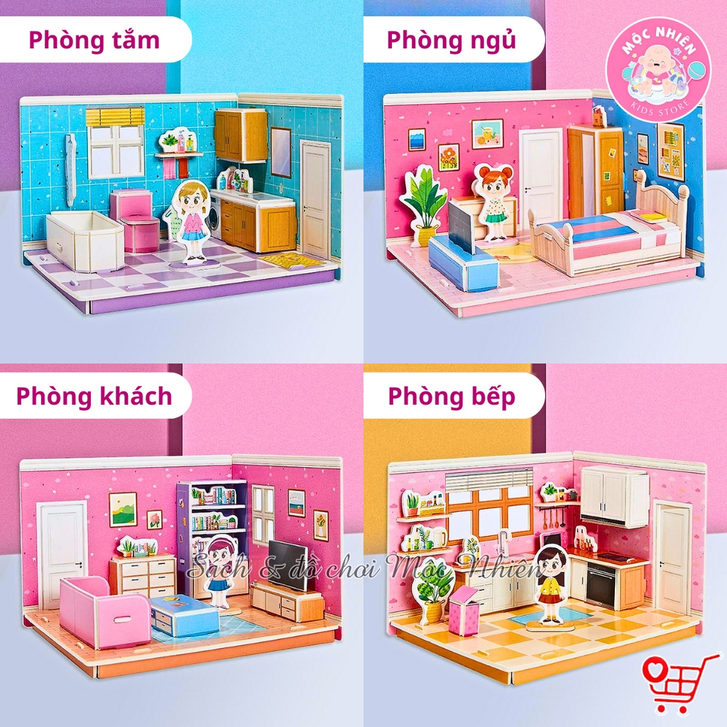 Đồ chơi xếp hình lắp ráp 3D bằng giấy - Set 04 căn phòng bé gái nội thất siêu xinh - Nhà tắm, nhà ăn, phòng ngủ, khách