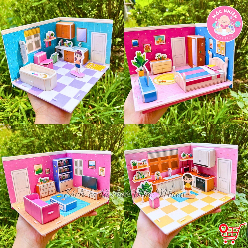 Đồ chơi xếp hình lắp ráp 3D bằng giấy - Set 04 căn phòng bé gái nội thất siêu xinh - Nhà tắm, nhà ăn, phòng ngủ, khách