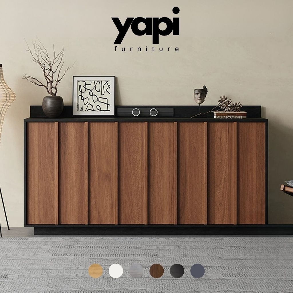 Tủ Trang Trí Nan Dọc Hiện Đại Cánh Vân Gỗ, Khung Đen 160x40x90cm Yapi -118