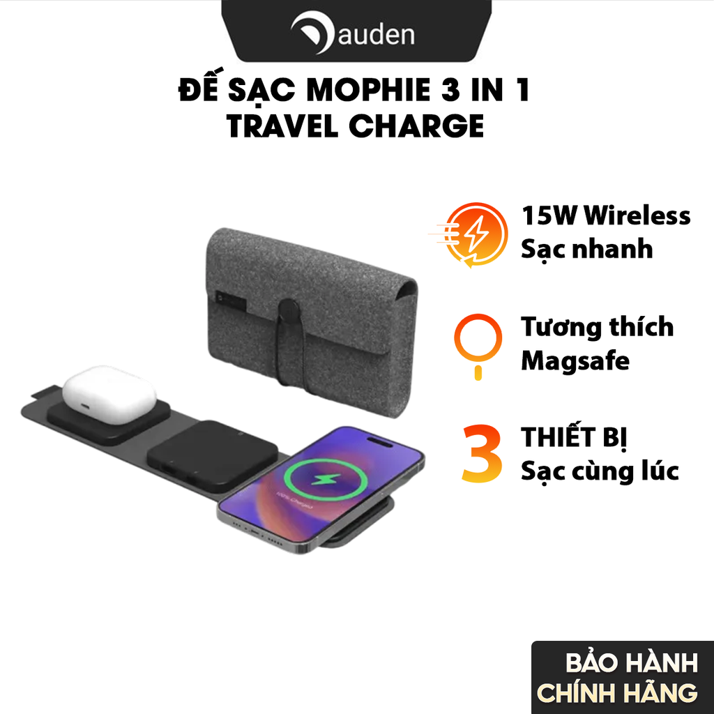Đế sạc mophie 3in1 Travel, đế sạc không dây 15w, sạc cùng lúc 3 thiết bị hỗ trợ đa nền tảng
