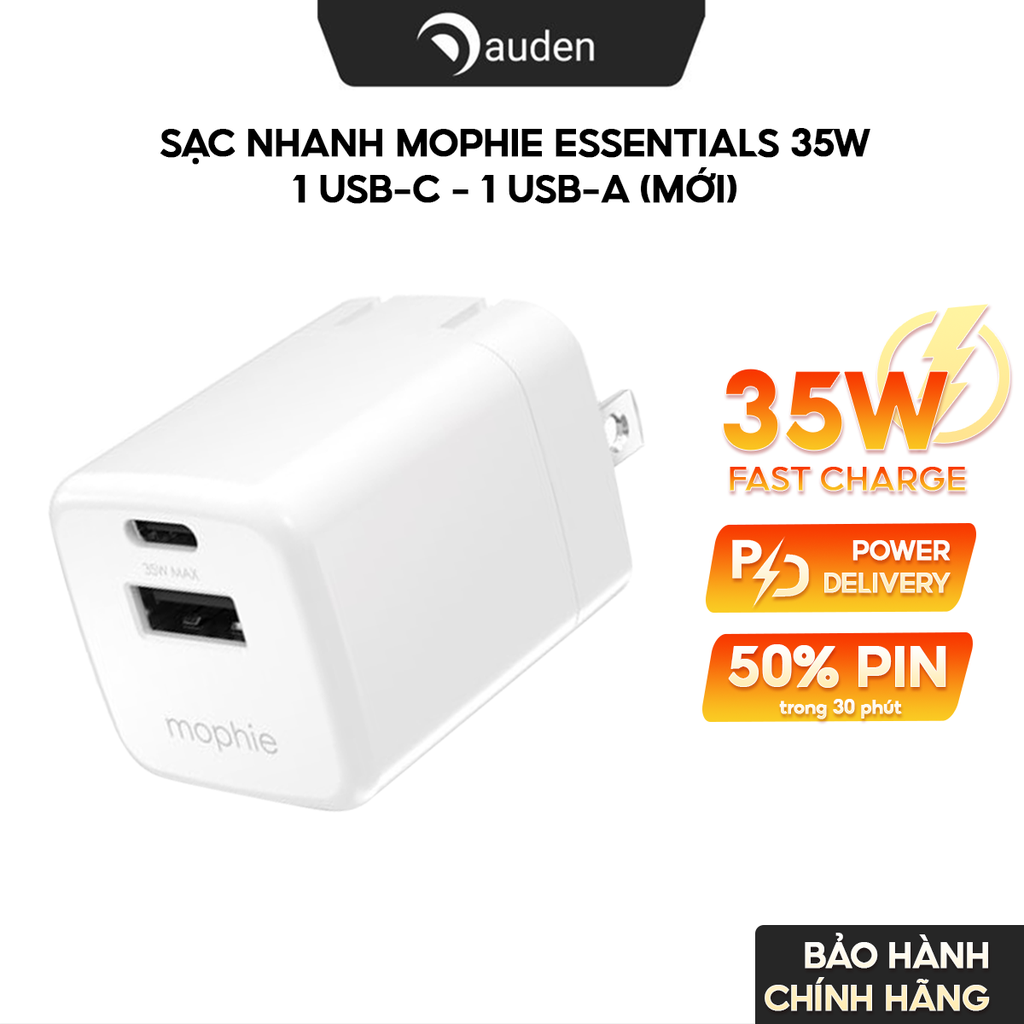 Củ sạc nhanh Mophie Essentials 35W GAN 1C1A hỗ trợ sạc nhanh iPhone/ Samsung