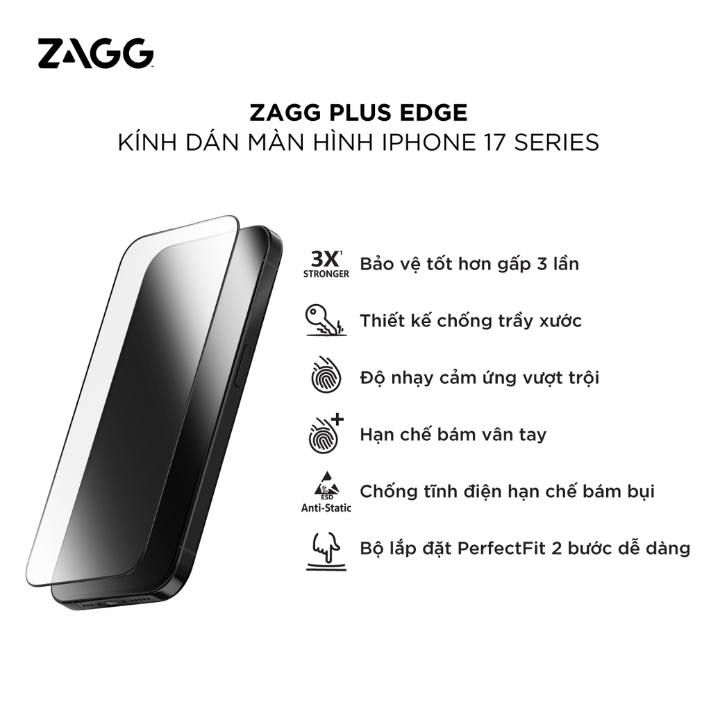 Kính dán màn hình iPhone 17 - ZAGG Plus Edge WT