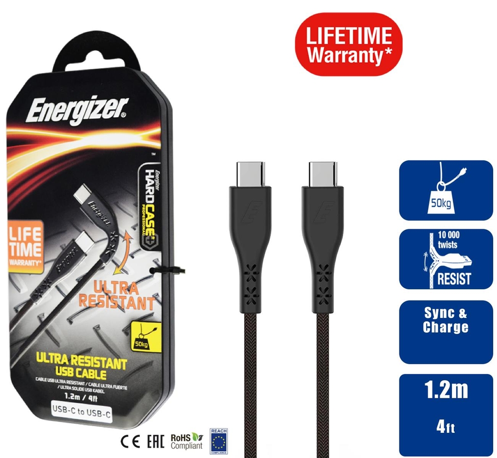 Cáp Type C to Type C 2.0 Energizer Siêu Bền 1.2m - LIFETIME WARRANTY - C41C2CGBKM