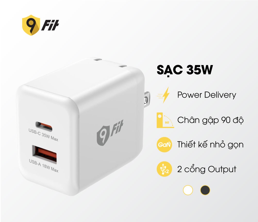 Sạc nhanh 9Fit Power Delivery 35W 1A1C GaN Tặng Cáp USB-C to USB-C