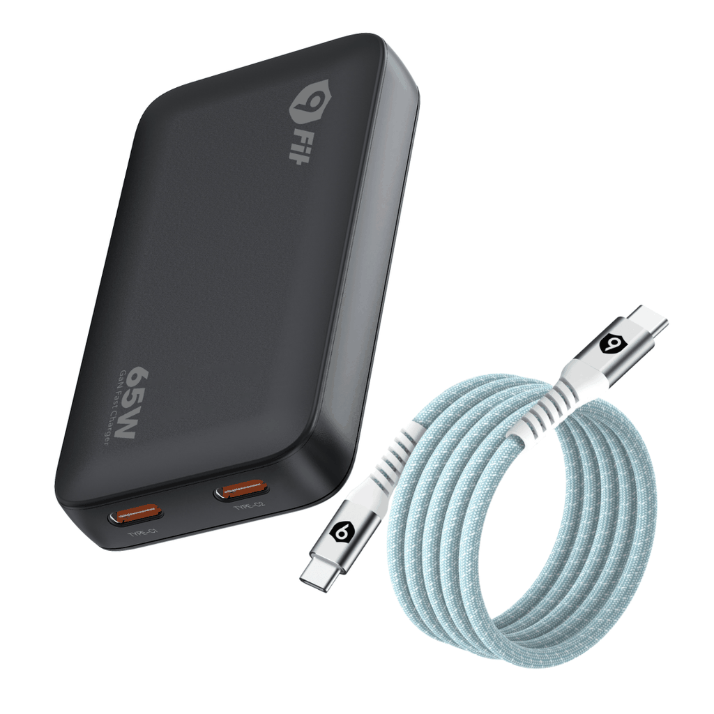 Sạc 9FIT Slim PD 65W 2C GaN Black + Cáp từ tính tự cuộn 9FIT USB-C to USB-C 1M