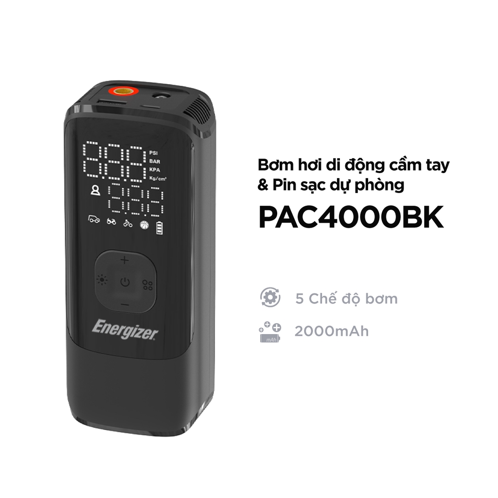 Bơm hơi di động cầm tay kiêm pin sạc dự phòng Energizer - PAC4000BK