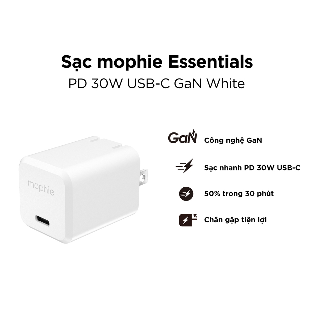 Sạc mophie Essentials PD 30W USB-C GaN White - 409915634