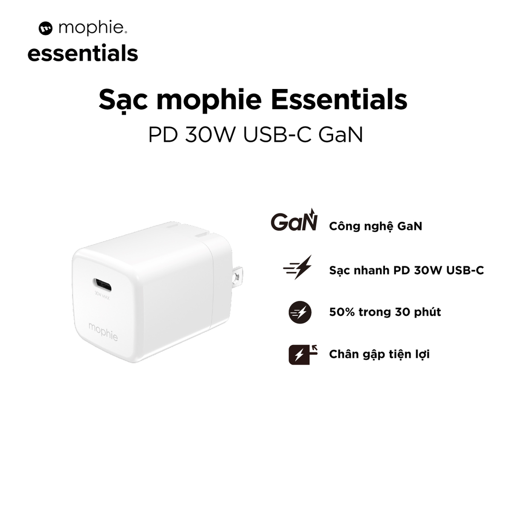 Củ sạc nhanh Mophie Essentials 30W GAN 1C hỗ trợ sạc nhanh iPhone/ Samsung
