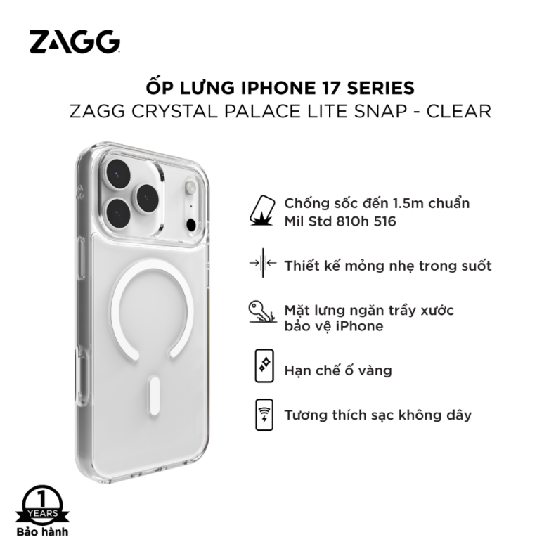 Ốp lưng iPhone 17 - ZAGG Crystal Palace Lite Snap - Clear