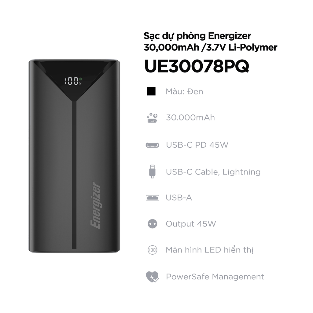 Sạc dự phòng Energizer 30,000mAh /37V Li-Polymer - UE30016PQ/UE30055PQ - Hàng Chính Hãng