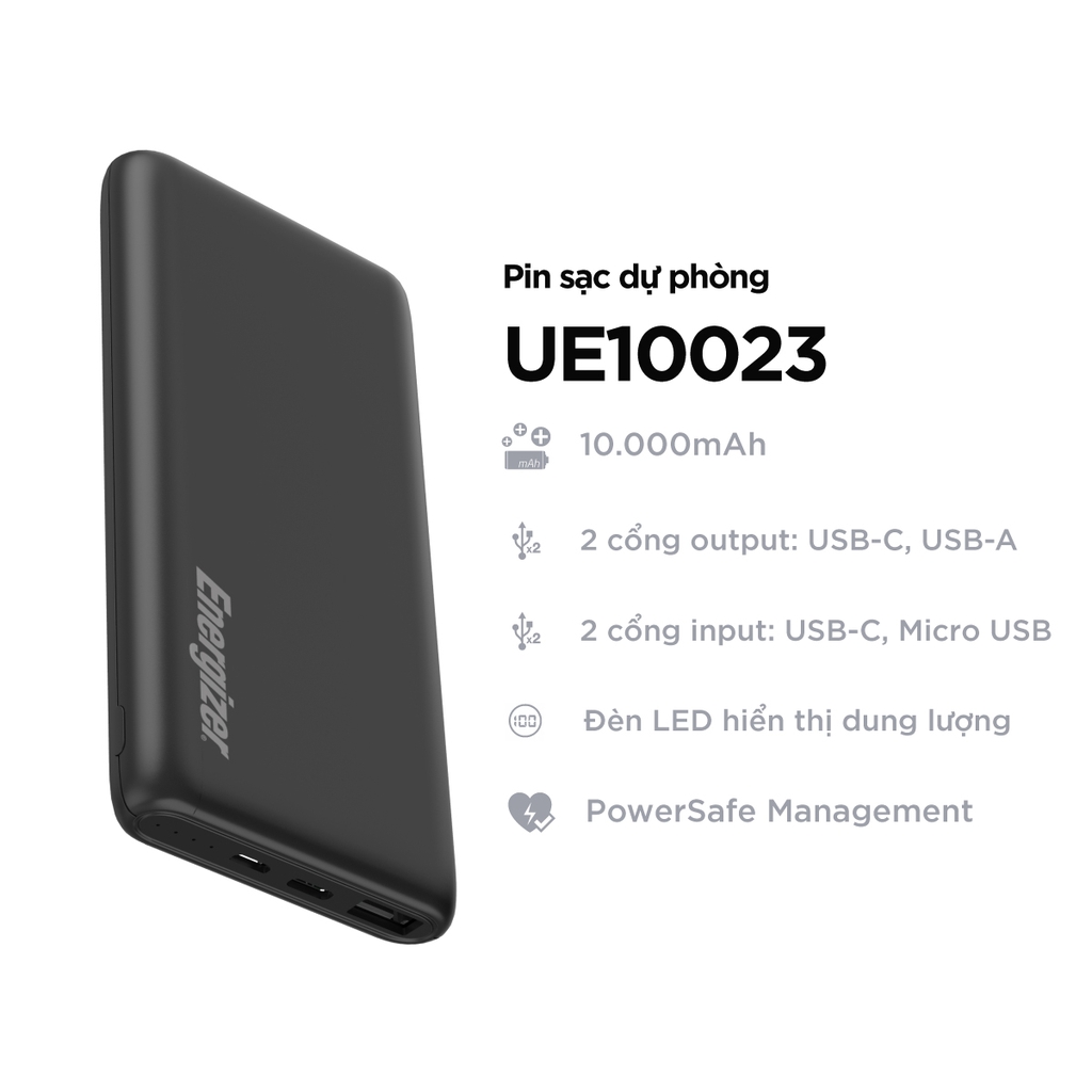 Sạc dự phòng Energizer 10,000mAh /37V Li-Polymer UE10023BK - Hàng chính hãng