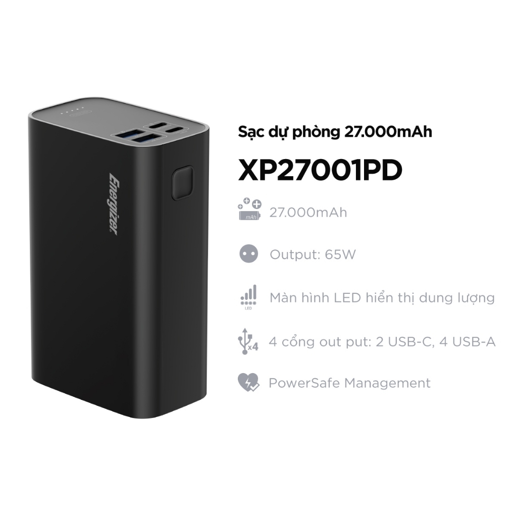Sạc dự phòng Energizer PD65W 27,000mAh/3.7V Li-Polymer sạc cho laptop - XP27001PDBK