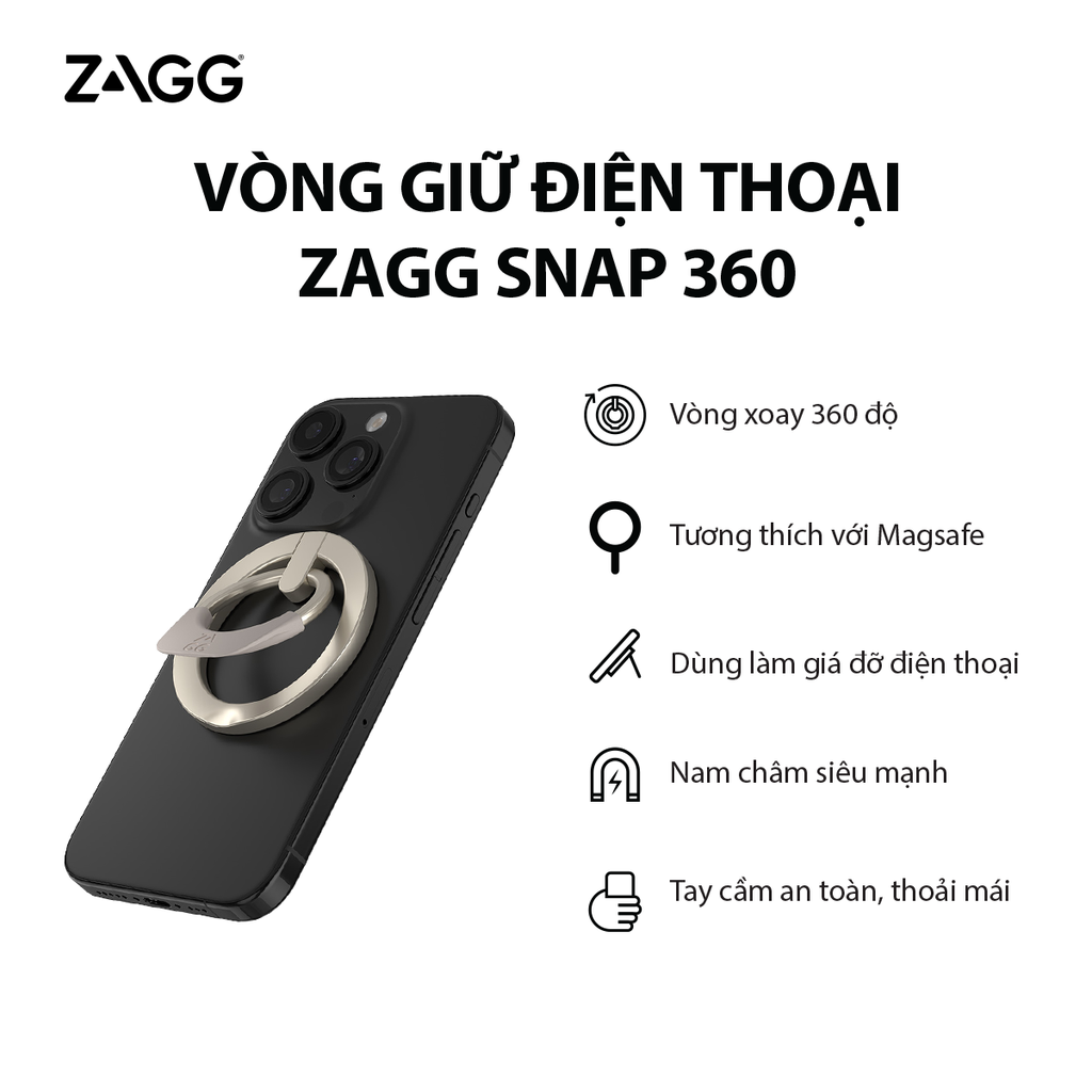 Vòng giữ điện thoại Zagg snap 360 - Black/ Nickel - Bảo hành chính hãng 1 năm