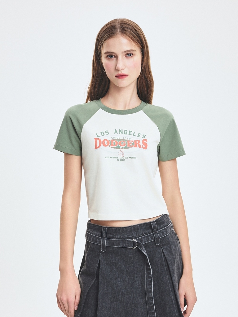 Áo Croptop MLB Women's Varsity Vintage Washing Raglan Crop Short Sleeve T-Shirt LA Dodgers Cream