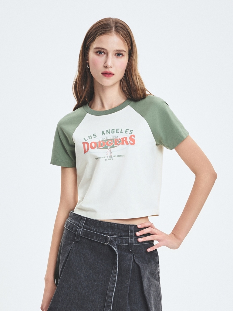 Áo Croptop MLB Women's Varsity Vintage Washing Raglan Crop Short Sleeve T-Shirt LA Dodgers Cream