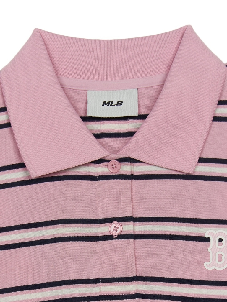 Áo Croptop MLB Women's Varsity Stripe Crop Collar T-Shirt Boston Red Sox Pink