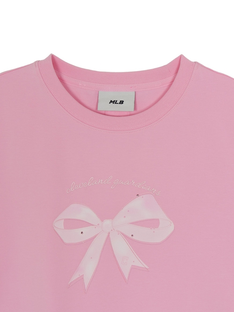 Áo Croptop MLB Women's Ribbon Graphic Slim Semi-Crop Short Sleeve T-Shirt Cleveland Guardians Pink