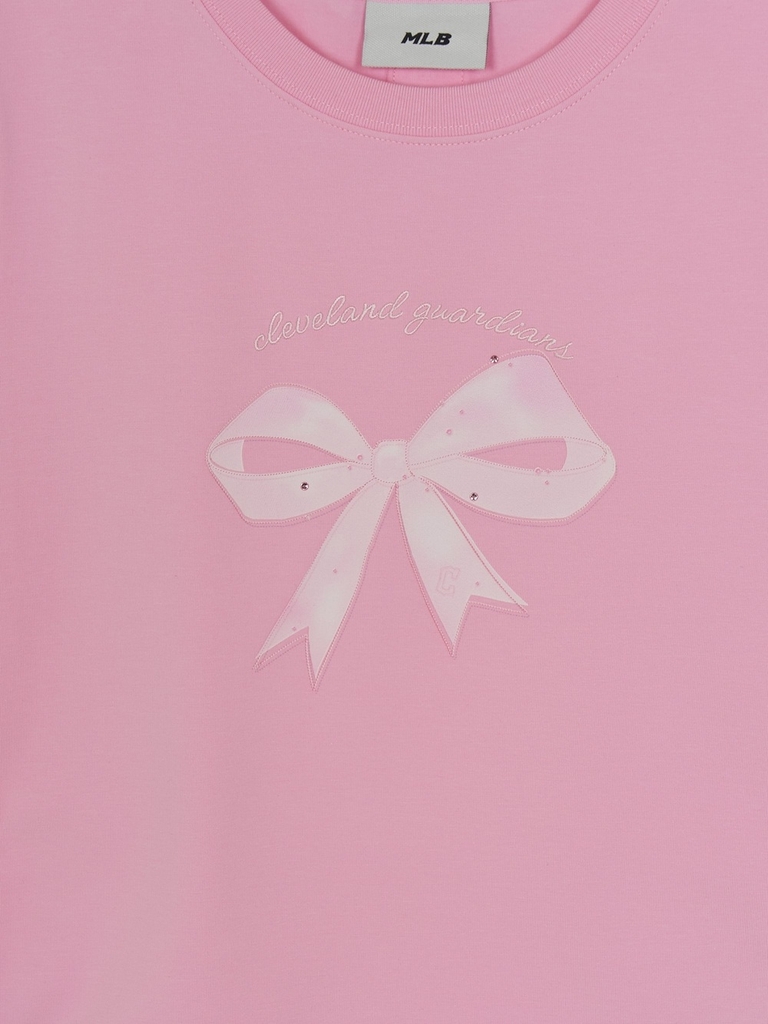 Áo Croptop MLB Women's Ribbon Graphic Slim Semi-Crop Short Sleeve T-Shirt Cleveland Guardians Pink