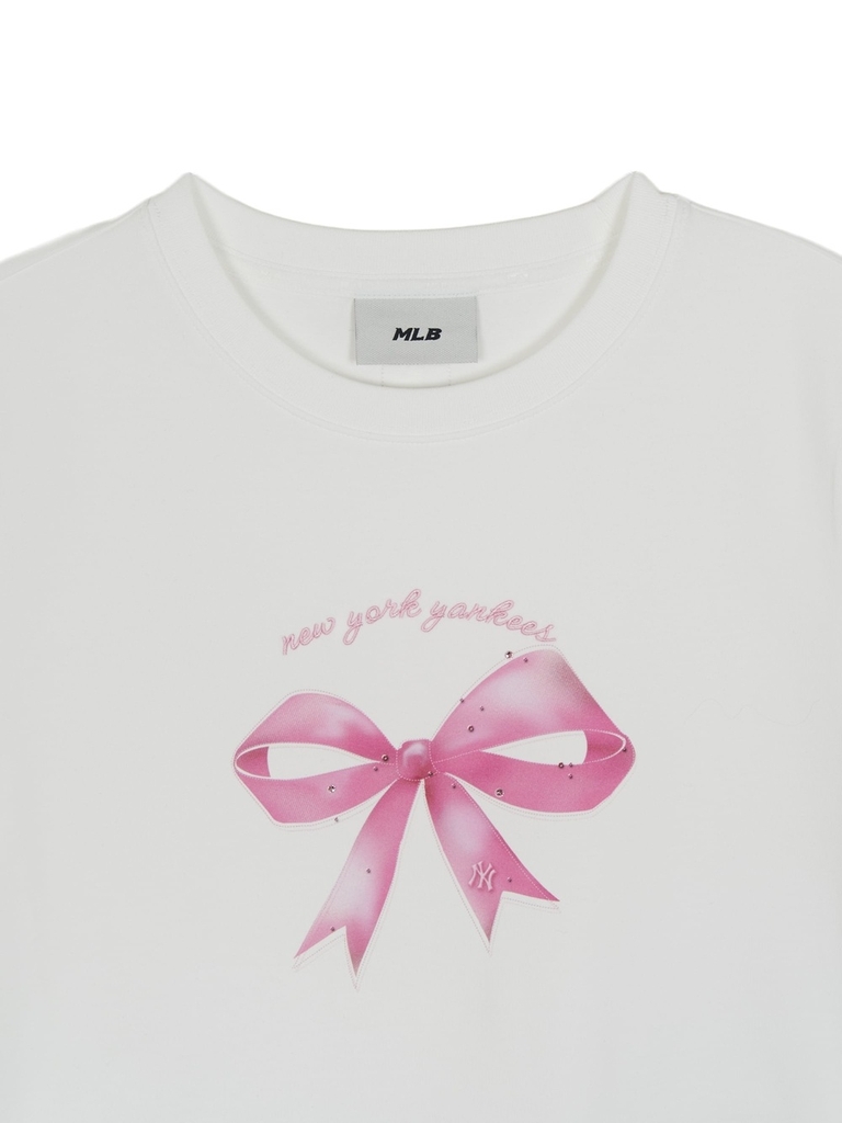 Áo Croptop MLB Women's Ribbon Graphic Slim Semi-Crop Short Sleeve T-Shirt New York Yankees White