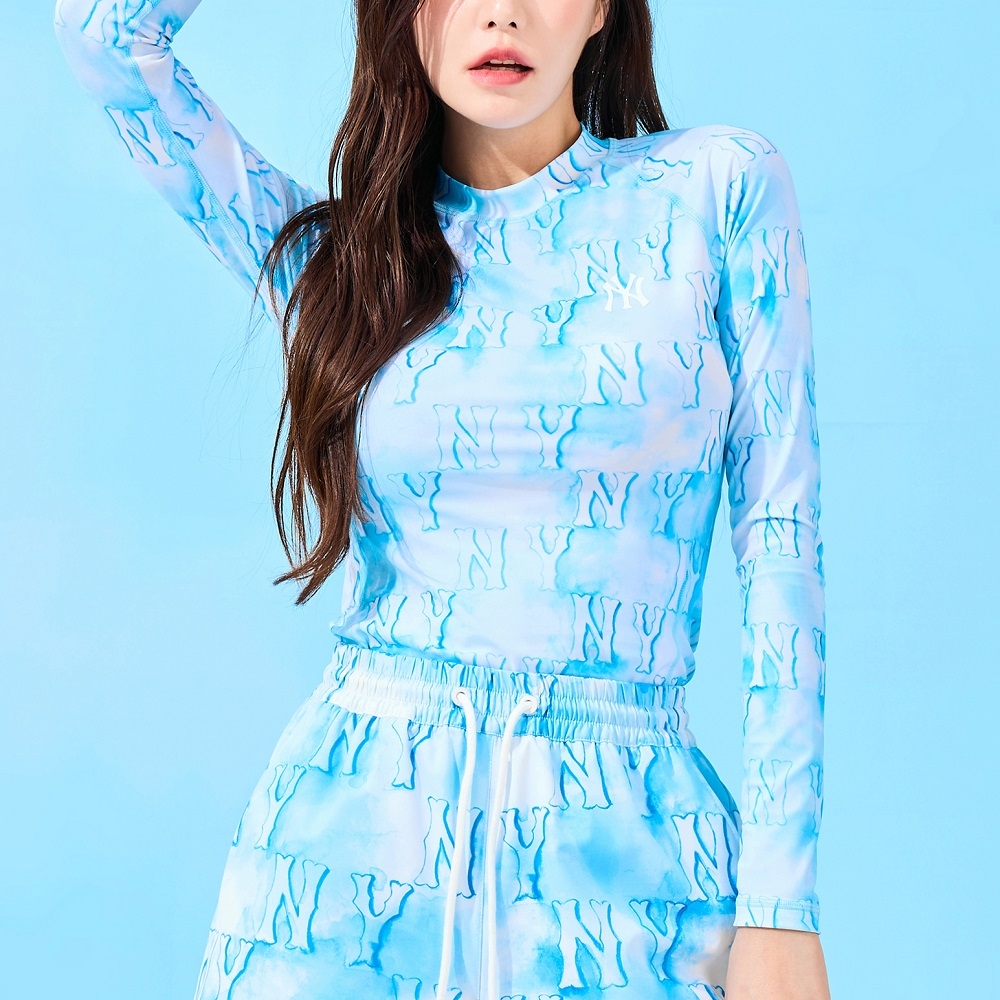 Áo MLB Water Monogram Patten Rash Guard New York Yankees Aqua Blue