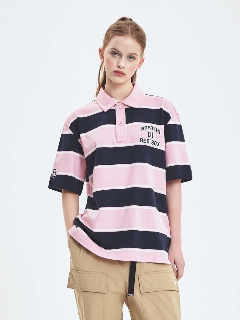 Áo Polo MLB Varsity Stripe Overfit Collar T-Shirt Boston Red Sox Pink