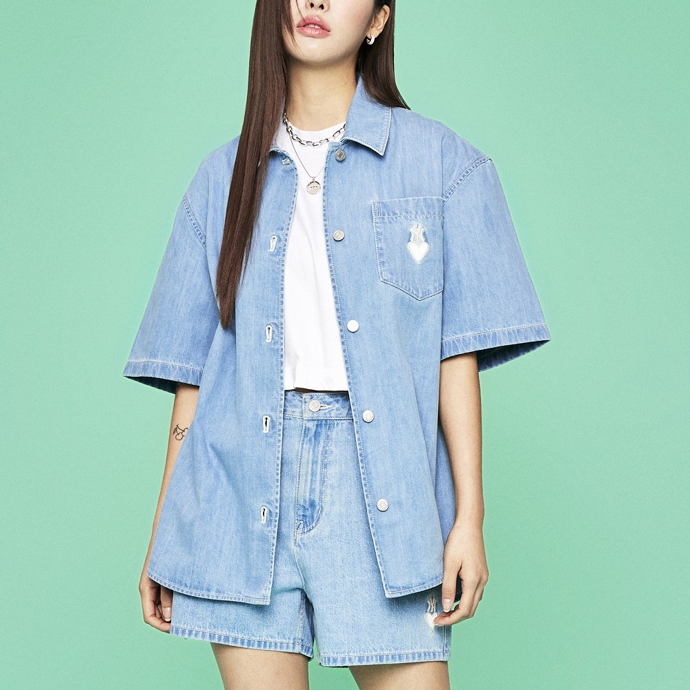 Áo Sơ Mi MLB Women's Heart Solid Denim New York Yankees Blue