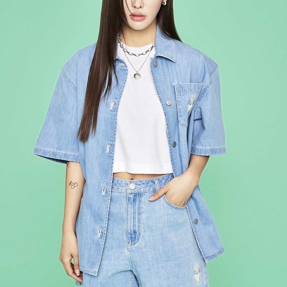 Áo Sơ Mi MLB Women's Heart Solid Denim New York Yankees Blue