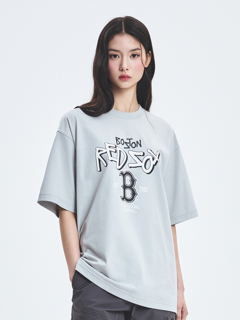 Áo Thun MLB Basic Big Logo Mega Overfit Functional Short Sleeve T-Shirt Boston Red Sox Grey