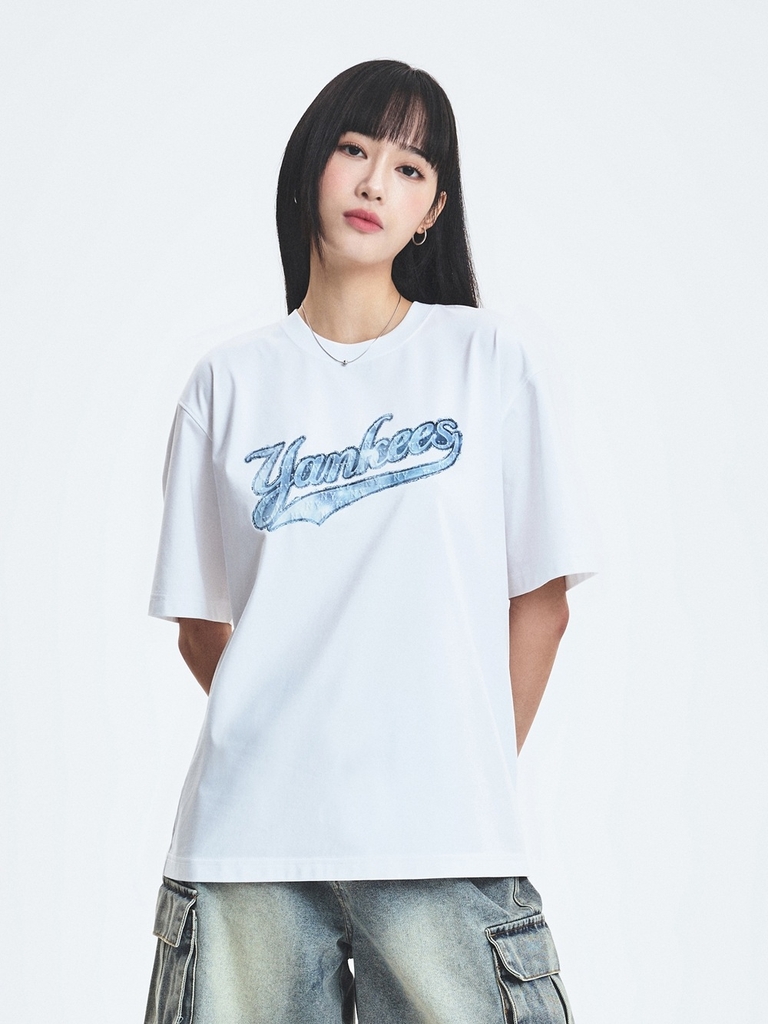 Áo Thun MLB Denim-like Big Lux Overfit Short Sleeve T-shirt New York Yankees White