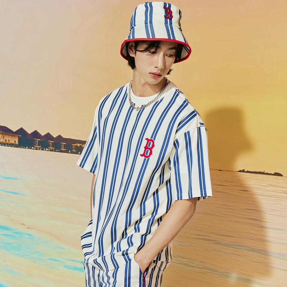 Áo Thun MLB Ethnic Stripe Mega Overfit Boston Red Sox L.Navy