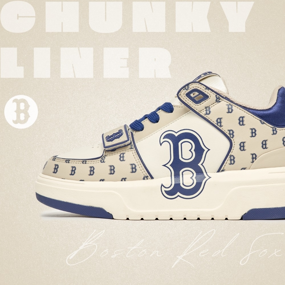 Giày MLB Cổ Cao Korea Chunky Liner Mid Classic Monogram Boston Red Sox L.Beige