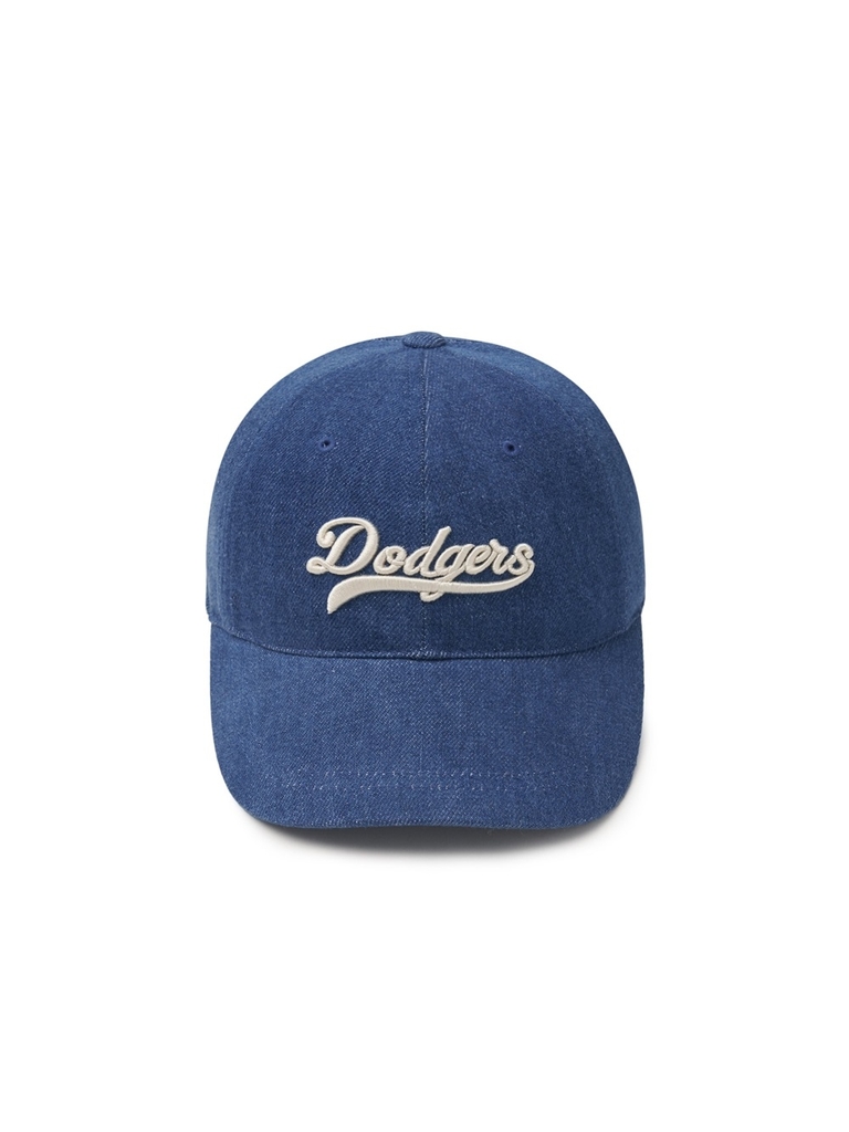 Nón MLB Korea Varsity Culsive Lettering Denim Unstructured Ball Cap LA Dodgers Indigo