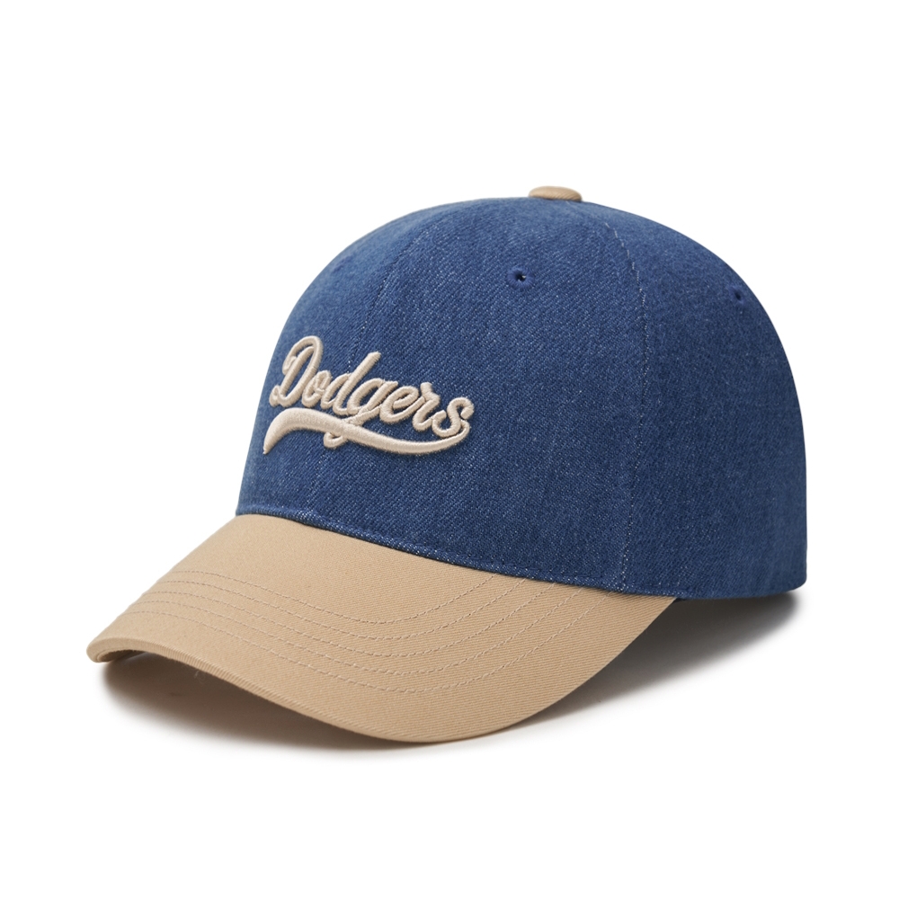 Nón MLB Korea Culsive Lettering Denim Color Block Unstructured Ball Cap LA Dodgers Indigo