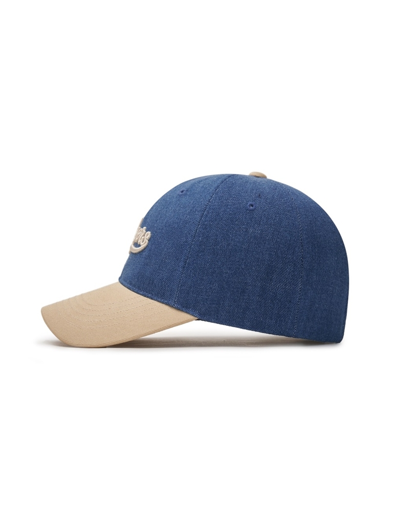 Nón MLB Korea Culsive Lettering Denim Color Block Unstructured Ball Cap LA Dodgers Indigo
