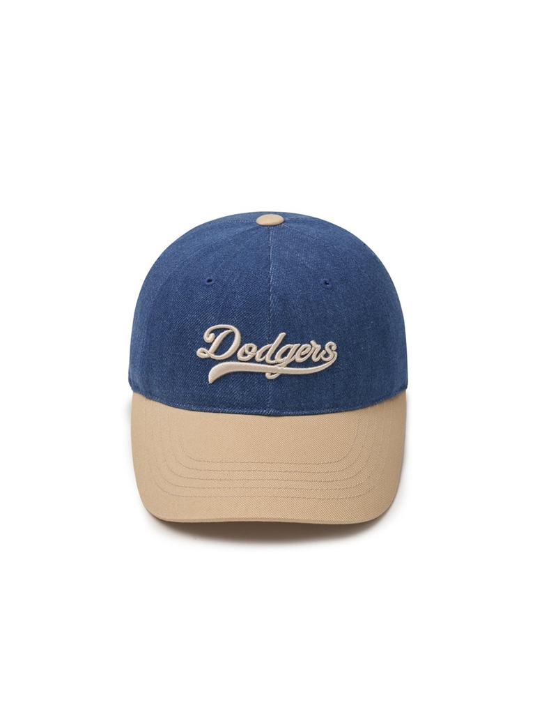 Nón MLB Korea Culsive Lettering Denim Color Block Unstructured Ball Cap LA Dodgers Indigo