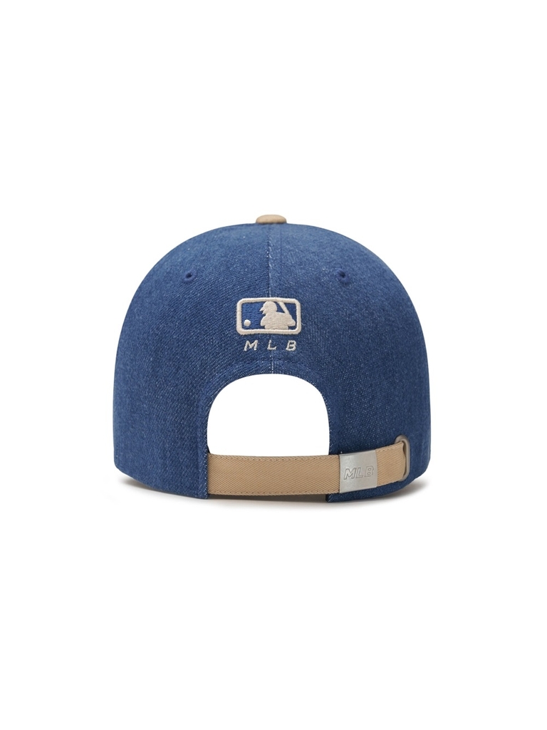 Nón MLB Korea Culsive Lettering Denim Color Block Unstructured Ball Cap LA Dodgers Indigo