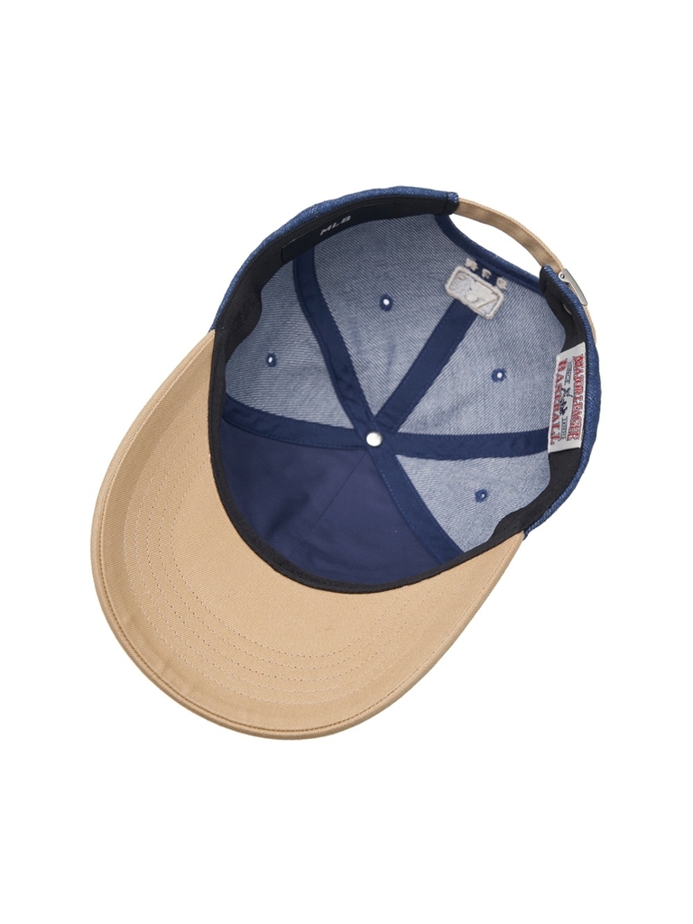 Nón MLB Korea Culsive Lettering Denim Color Block Unstructured Ball Cap LA Dodgers Indigo