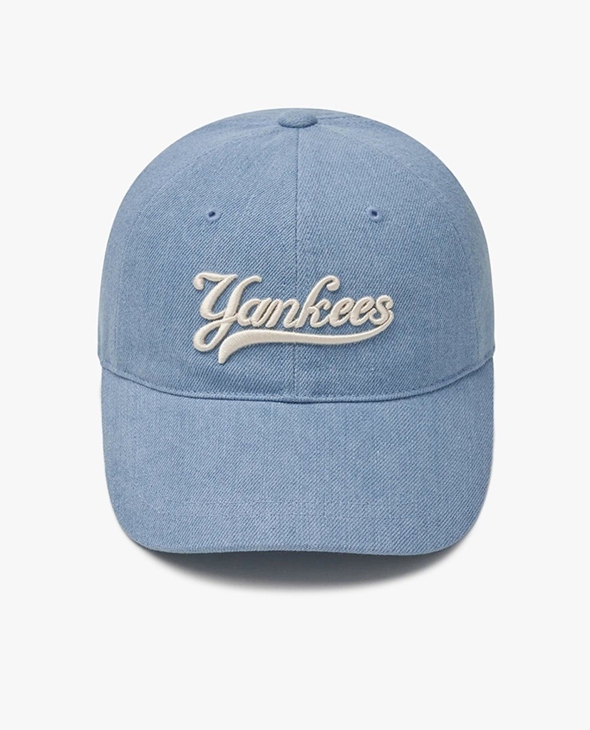 Nón MLB Korea Varsity Culsive Lettering Denim Unstructured Ball Cap New York Yankees Blue
