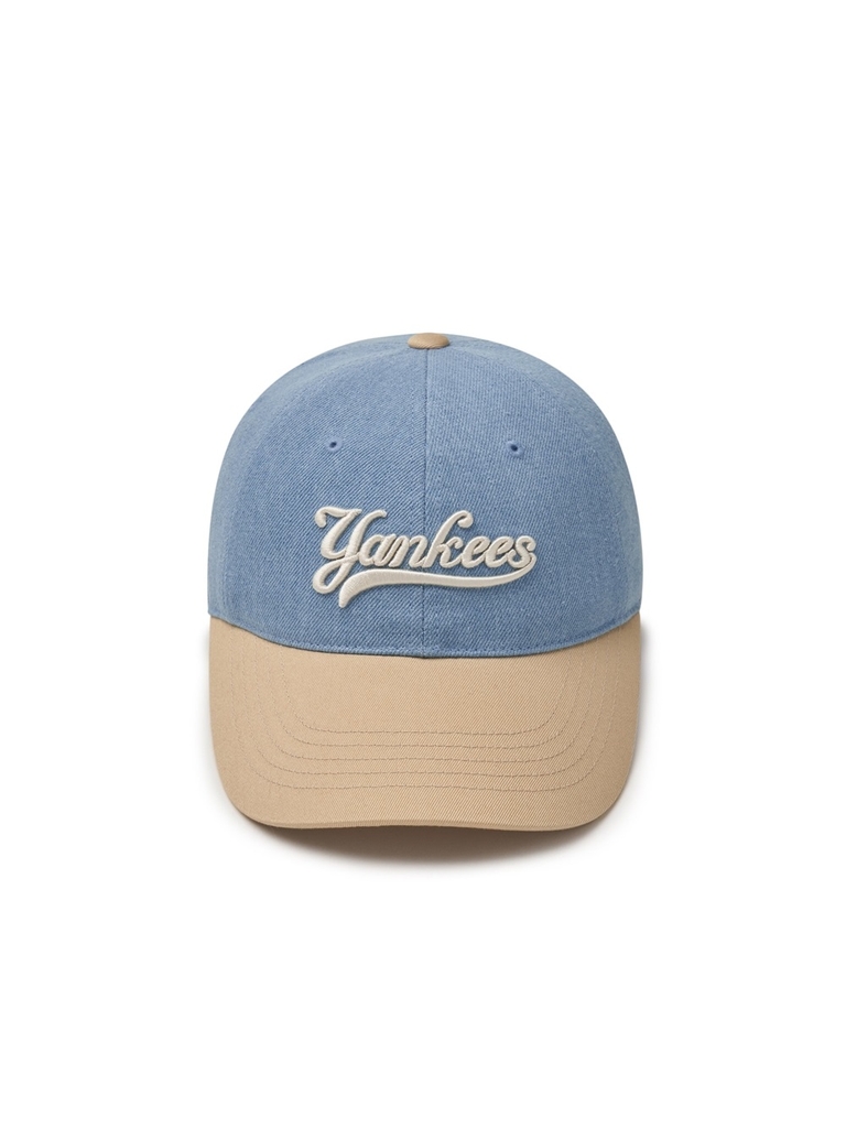 Nón MLB Korea Culsive Lettering Denim Color Block Unstructured Ball Cap New York Yankees Blue