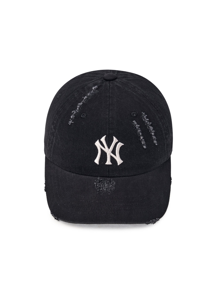 Nón MLB Korea Damaged Washed Denim Unstructured Ball Cap New York Yankees Black