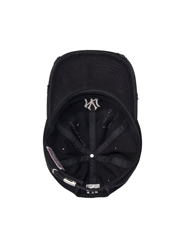 Nón MLB Korea Damaged Washed Denim Unstructured Ball Cap New York Yankees Black